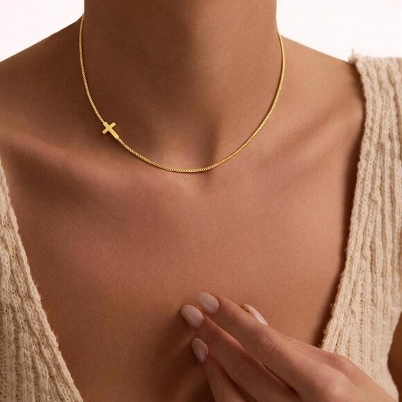 Women's 2-gold 14k Gold Plated Cross Choker Minimalist Simple Dainty Necklaces - Picture 3 of 7